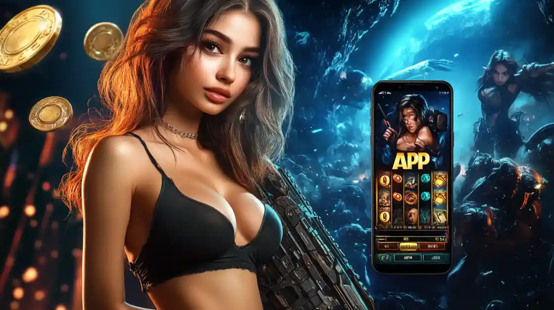 একজন সাহসী নারী KX8 মোবাইল গেমিং অ্যাপ ব্যবহার করছেন, যা অ্যাকশনভিত্তিক গেমের অনুভূতি প্রকাশ করে।