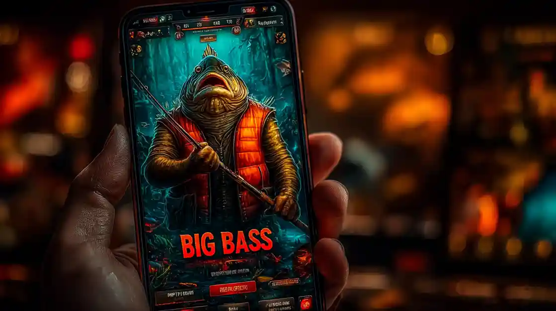 A close-up of a hand holding a smartphone showcasing a BIG BASS fishing game, featuring an anthropomorphic fish character, highlighting the engaging casual games on KX8.