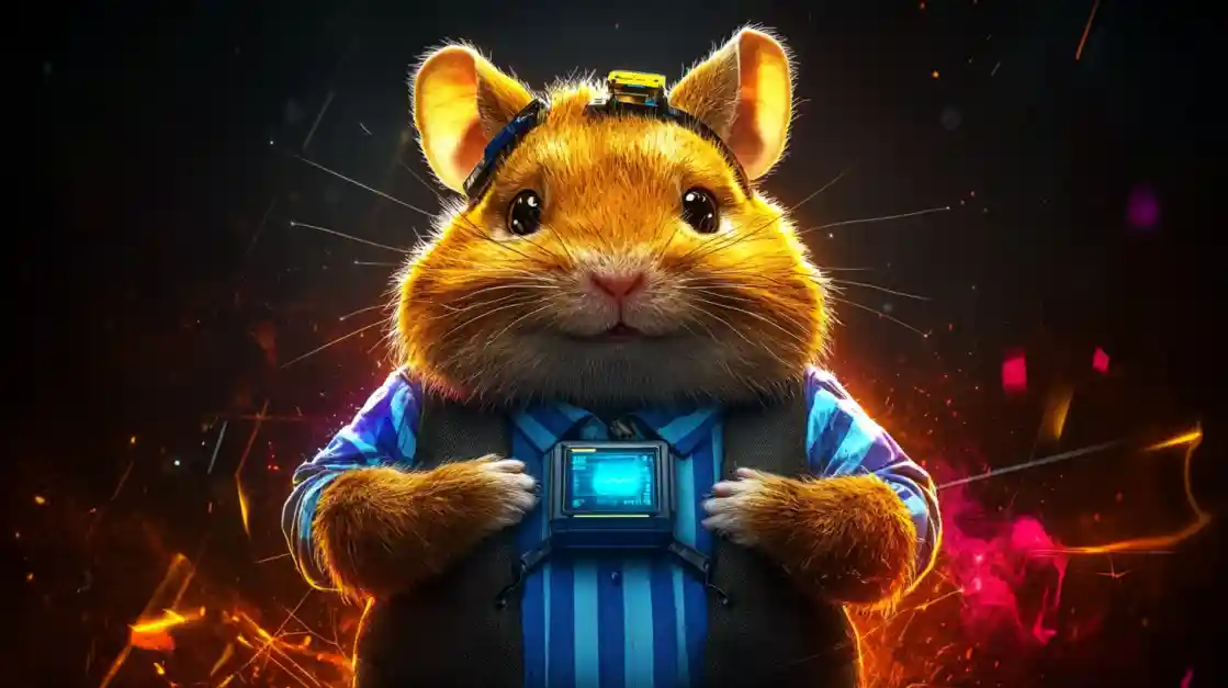 A cute and tech-savvy hamster character wearing a vest and a headset, with a friendly expression, representing the playful and innovative spirit of KX8.