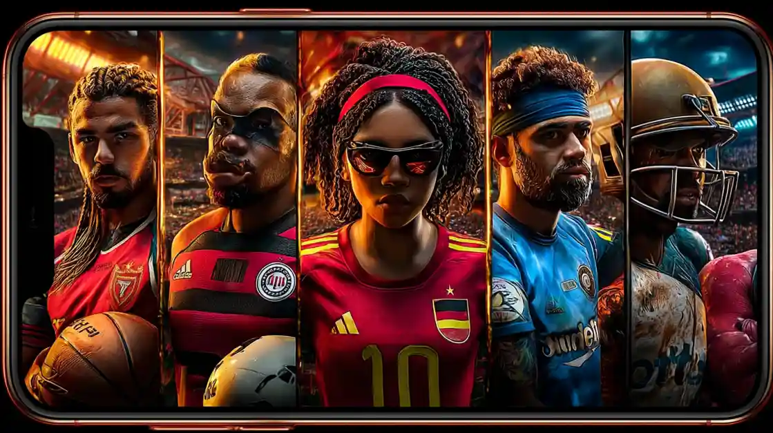A smartphone screen displays a powerful collage of diverse male and female athletes from various sports, including football and soccer, representing the comprehensive sports betting options at KX8.
