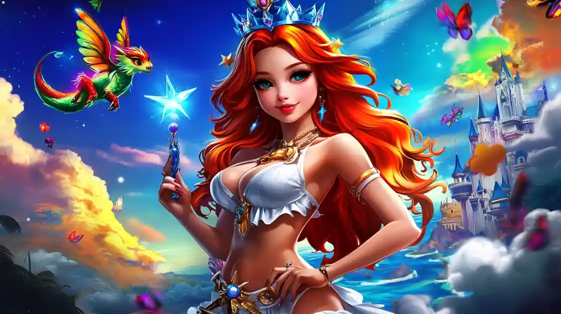 A vibrant fantasy scene featuring a beautiful princess with fiery red hair and a crown, holding a magic wand, with a small winged dragon and a fairytale castle in the background, embodying the magical world of KX8.
