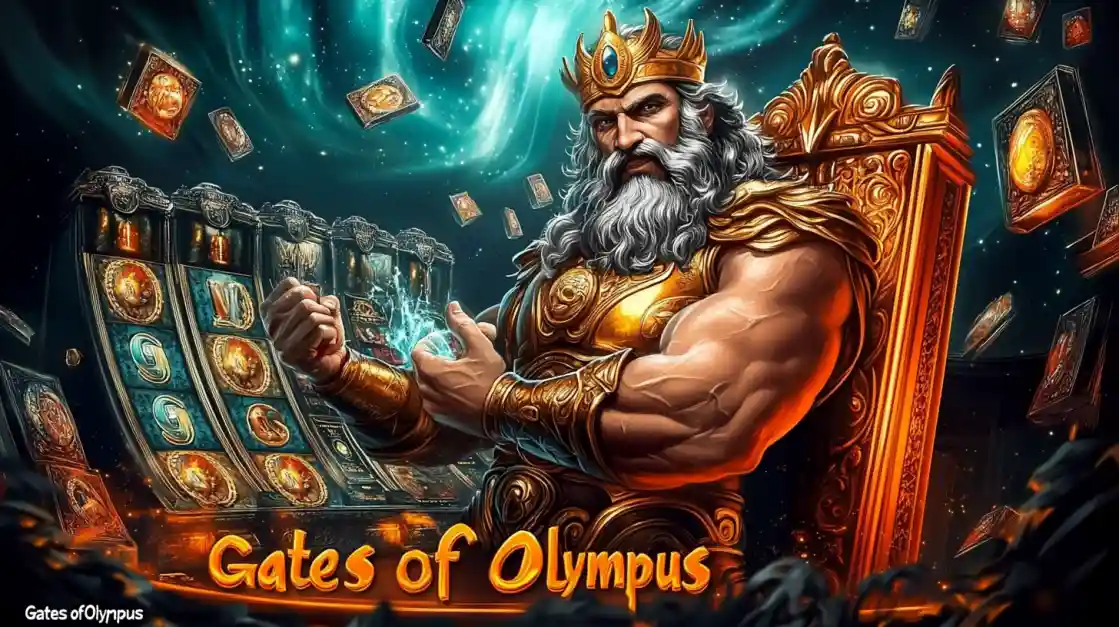 A majestic Zeus figure on a golden throne, surrounded by floating cards and a KX8 slot machine, with Gates of Olympus prominently displayed, inviting players to a mythical gaming experience.