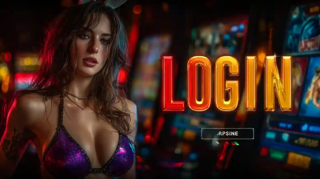 A captivating woman in a shimmering top stands beside a prominent LOGIN interface, with KX8 slot machines softly blurred in the background, inviting users to enter the world of KX8.