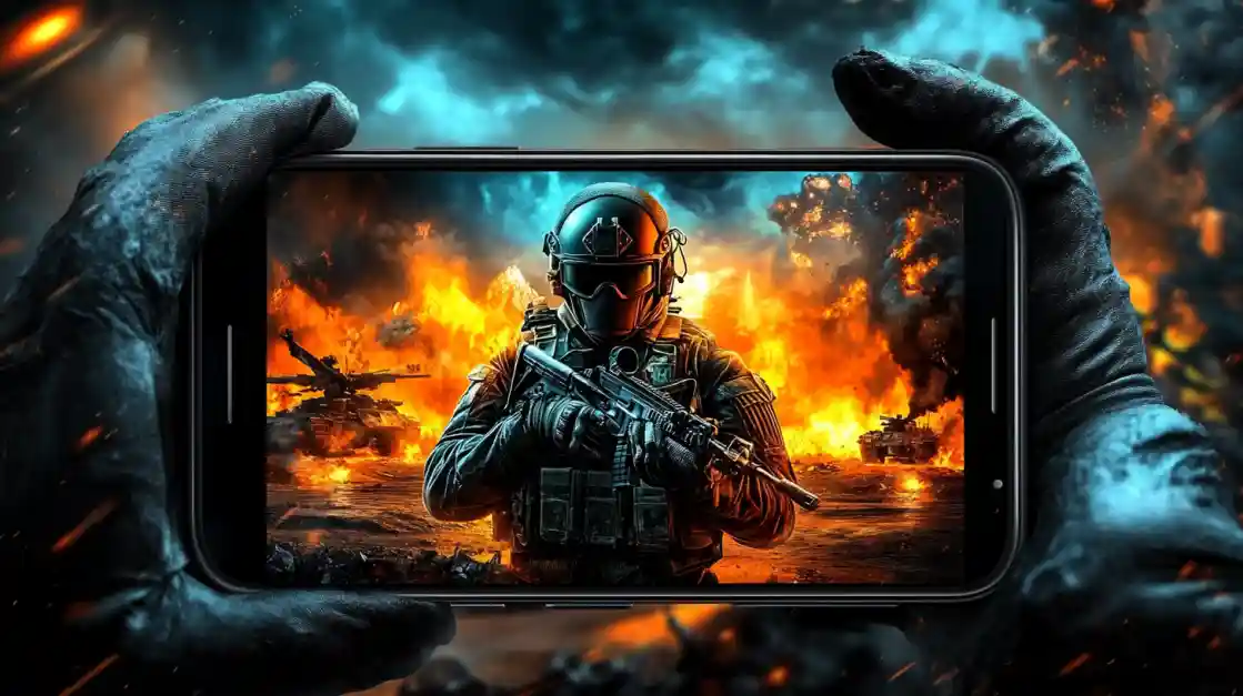Hands holding a smartphone displaying an intense military shooter game with a soldier amidst explosions and tanks, showcasing the immersive action available on KX8.