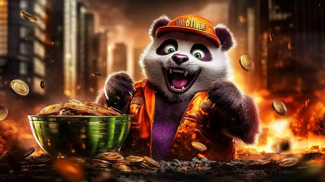 A cheerful panda character wearing an orange cap and jacket, surrounded by golden coins and a bowl of money, symbolizing wealth and good fortune with KX8.