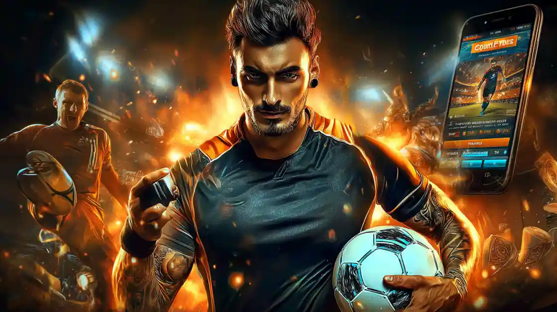 An intense male soccer player with tattoos holds a football, looking confidently at the camera with a KX8 sports betting app on a phone beside him, all set against a fiery action background.