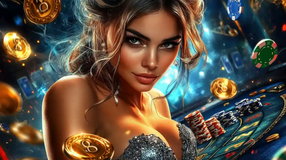 A beautiful woman in a glittering dress gives a captivating look while at a KX8 casino table, surrounded by floating gold coins, casino chips, and a roulette wheel.