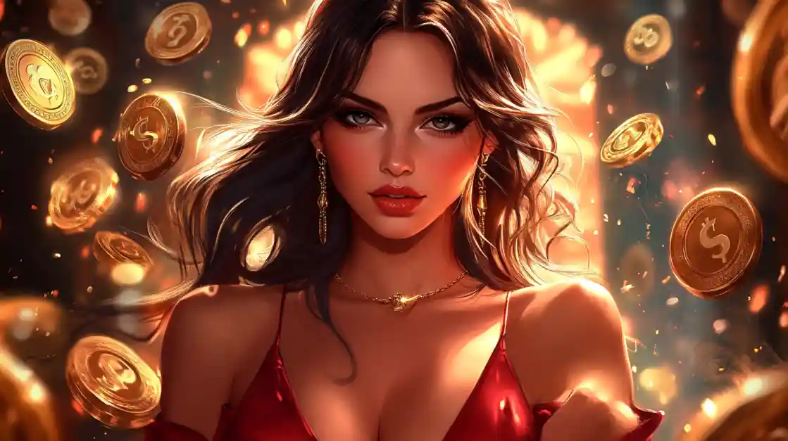 A stunning woman in a red dress, adorned with delicate jewelry, looks directly at the viewer as a shower of golden KX8 coins rains down around her, symbolizing big wins.
