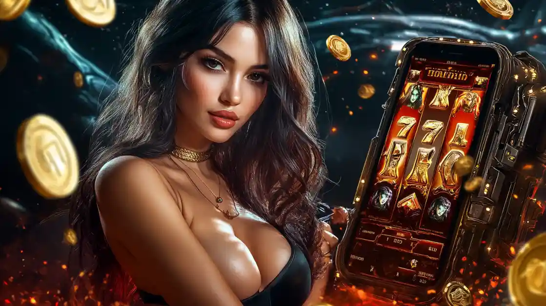 A beautiful woman in a black top looks confidently at the viewer while holding a smartphone displaying a KX8 mobile slot game with 777 symbols and golden coins.
